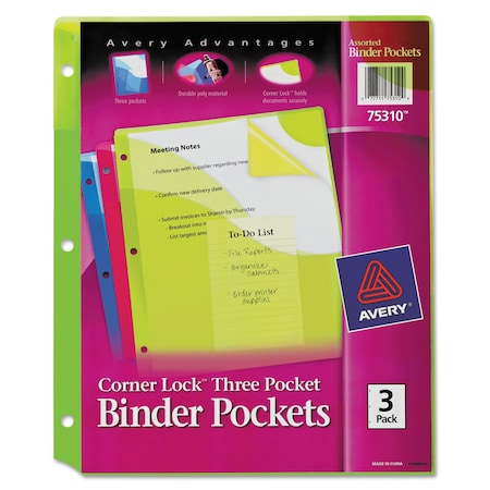 Avery Corner Lock Three-Pocket Binder Pocket, 11 1/4 x 9 1/4, Assorted Color, 3PK 75310